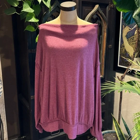 Free People deep earthy burgundy mauve. Oversized ribbed boat neck pull over. - Picture 2 of 15